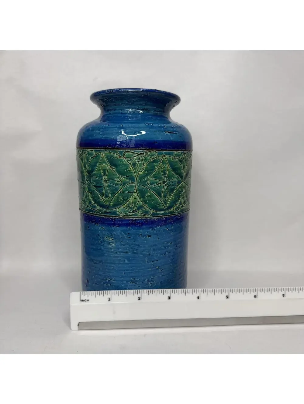MCM Vintage Italian Bitossi Aldo Londi Geometric Blue Green Ceramic Vase 8